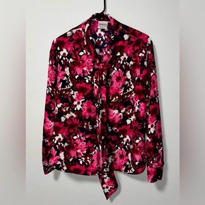 Bedford Fair Women's Size 14 Long Sleeve Floral Button-Up Blouse w/ front Tie